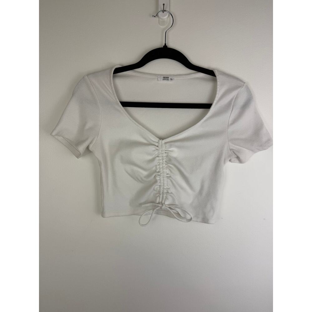 Ardene Womens Short Sleeve Scrunch Front Tie V-Neck Cropped White Top Medium